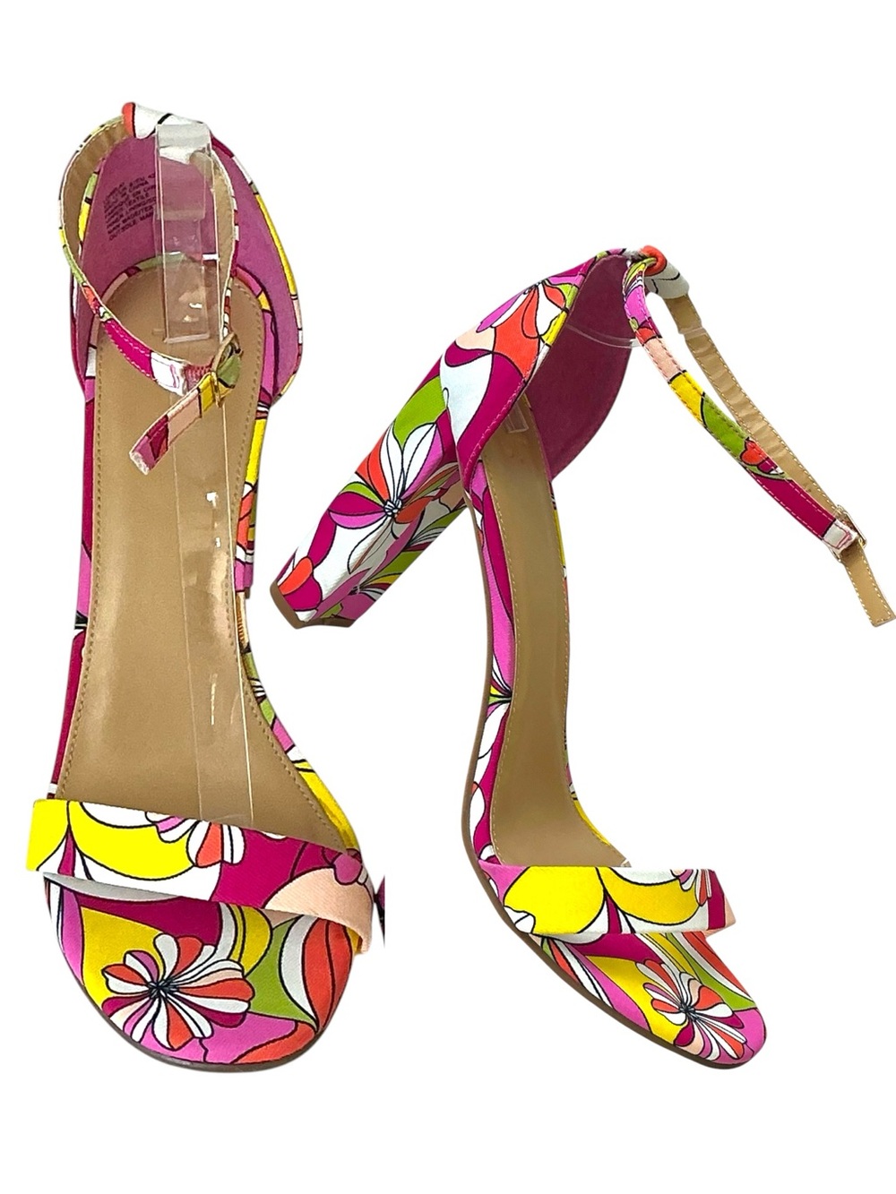 JustFab Sandal Block Heel Bold Floral Lorelai 4” High Heel Pink Green Size 11 - Picture 1 of 16